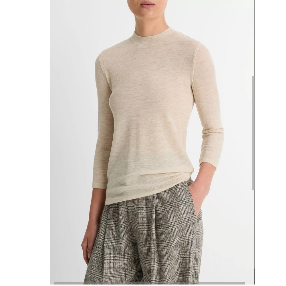 Vince Wool 3/4 Sleeve Mock Neck Knit Top M Lightweight Ecru Quiet Luxury